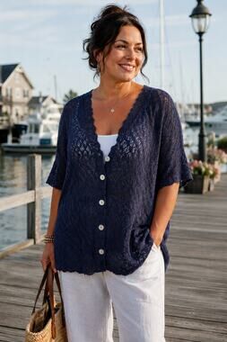 New CJ Banks Open Knit Crochet Cardigan Navy Blue 3X Plus Size Button Front USA